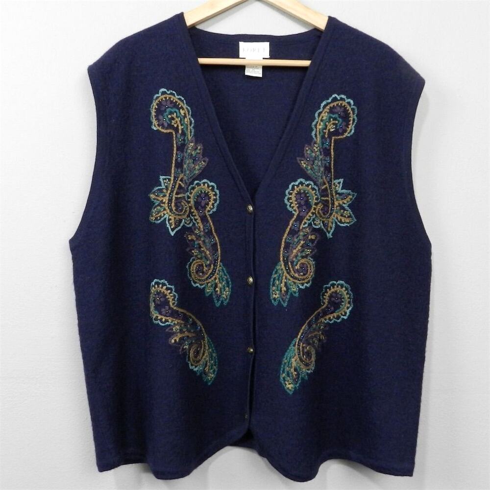 Vintage 90s‎ Koret Felted Wool Vest Size XL Navy Blue Paisley Embroidered Beaded